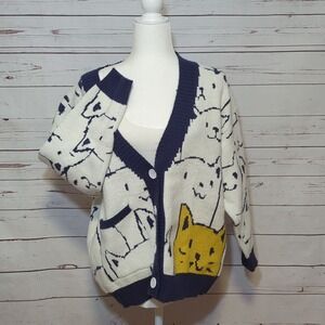 Japanese Kawaii Cartoon V Neck Cozy Cardigan Cute Kitty Cat Knit Sweater Medium